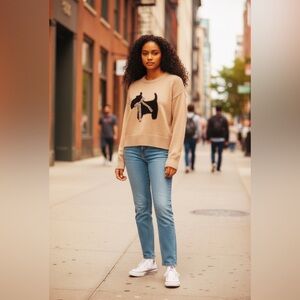 Adorable Tan Dog Appliqué Sweater with Plaid Bow NWT